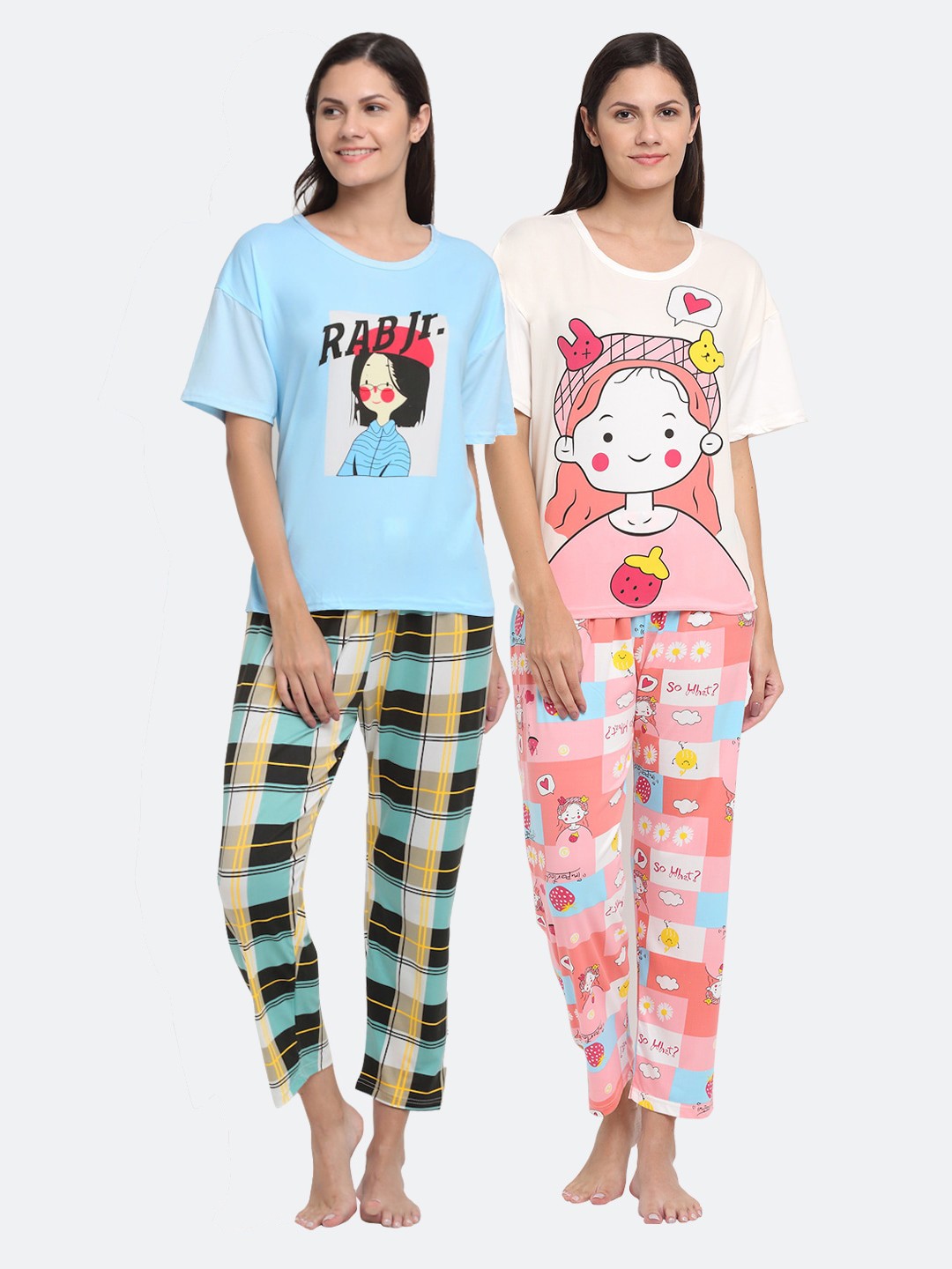 

KLOTTHE Women Set Of 2 Blue & Pink Cartoon Characters Printed Night Suit