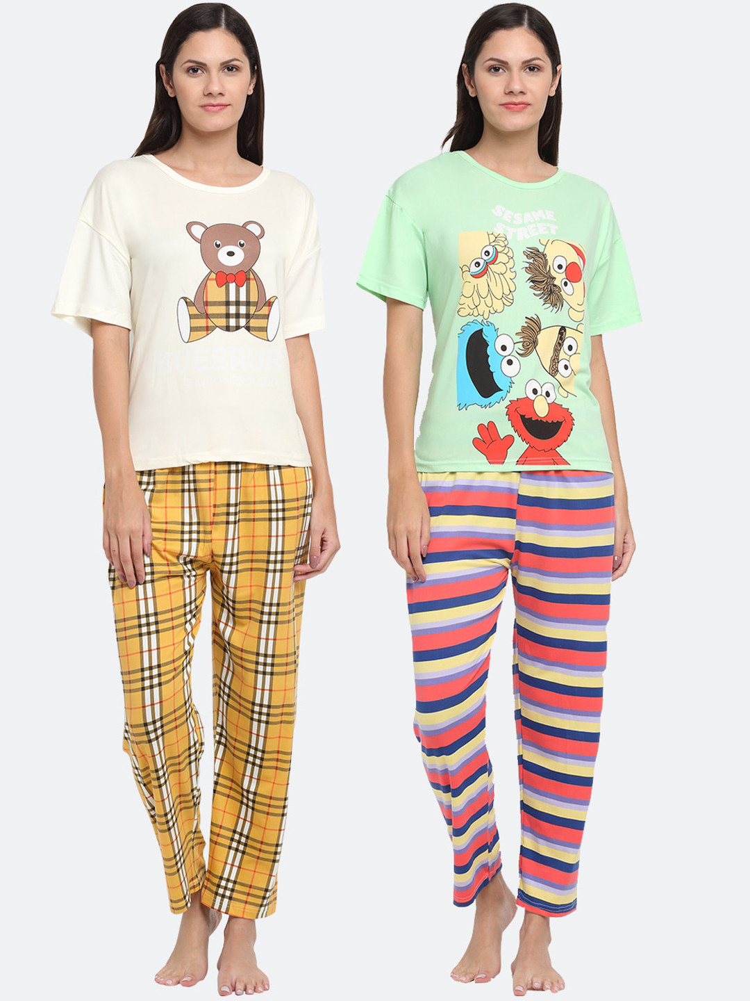 

KLOTTHE Women Set Of 2 Cream-Coloured & Yellow Printed Night Suit
