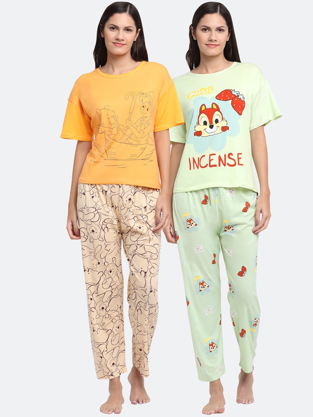 

KLOTTHE Women Set of 2 Green & Yellow Printed Night suit