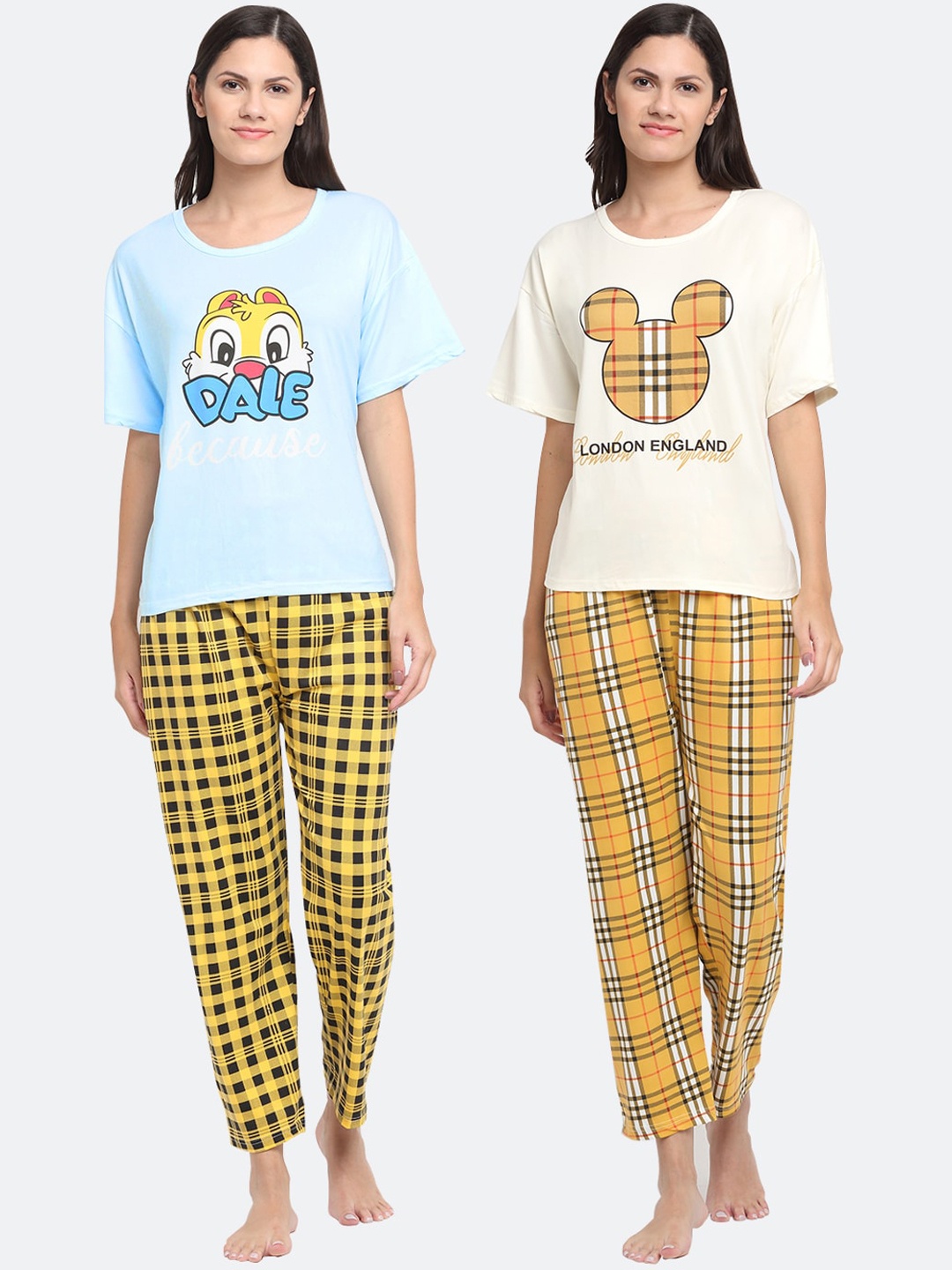 

KLOTTHE Women Pack Of 2 Blue & Yellow Printed Night suit
