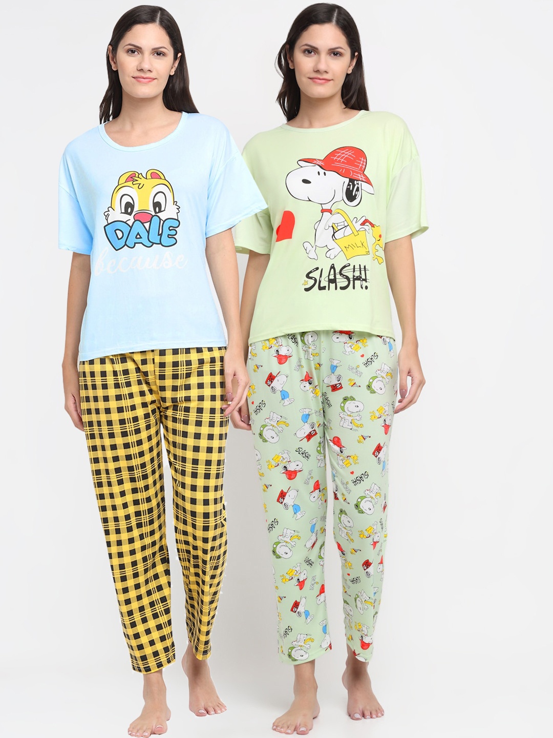 

KLOTTHE Women Set Of 2 Green & Yellow Cartoon Characters Printed Night Suit