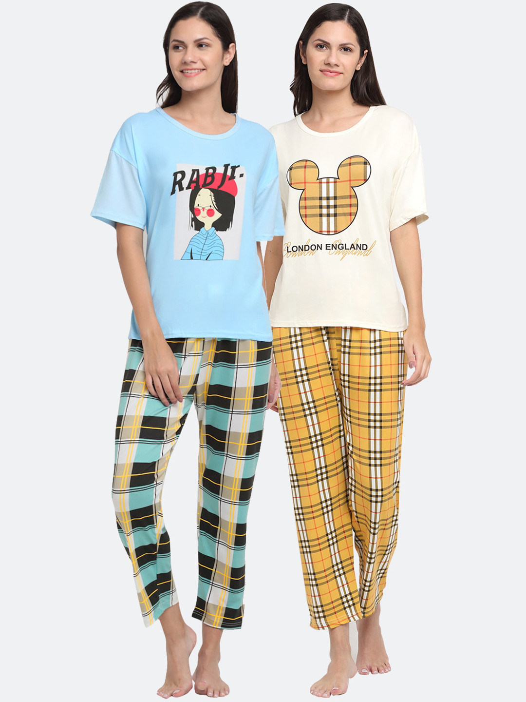 

KLOTTHE Women Multicoloured Set of 2 Cartoon Character Printed Cotton Blend Night suit, Multi