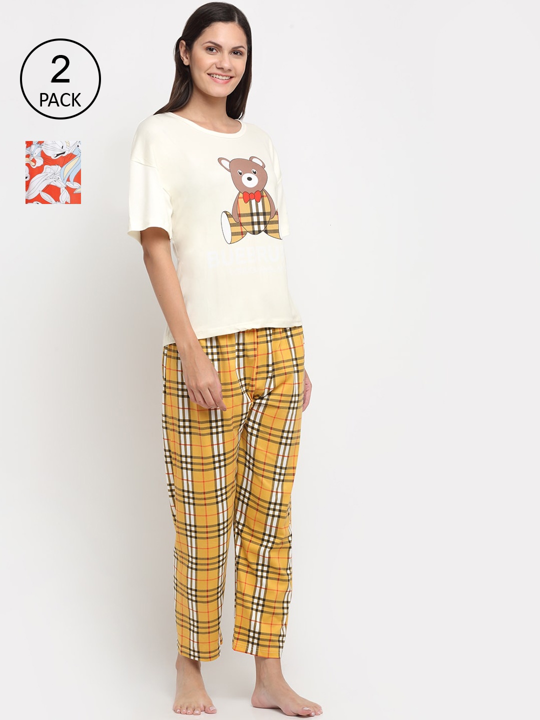 

KLOTTHE Women Pack of 2 Printed Night Suit, Off white