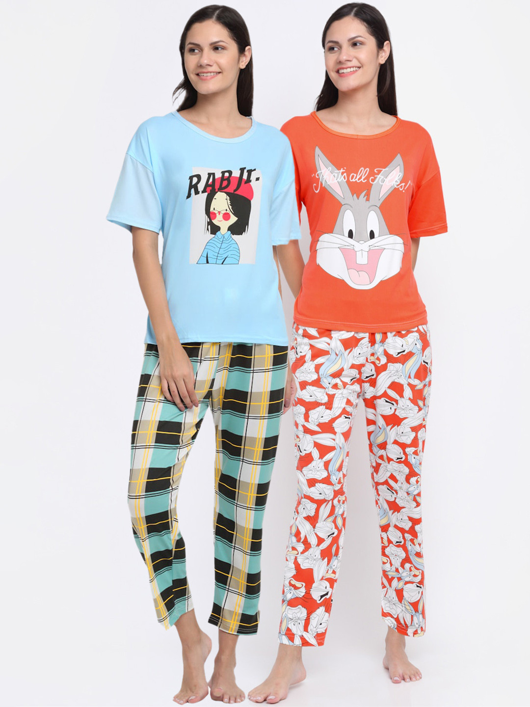 

KLOTTHE Women Set Of 2 Orange & Blue Cartoon Characters Printed Night Suit