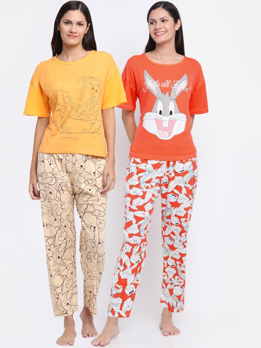 

KLOTTHE Women Red & Mustard Pack Of 2 Printed Night suit
