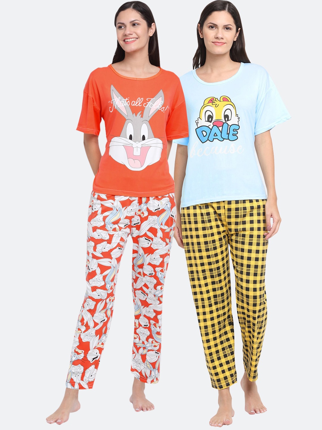 

KLOTTHE Women Orange & Blue Set Of 2 Printed Night suits