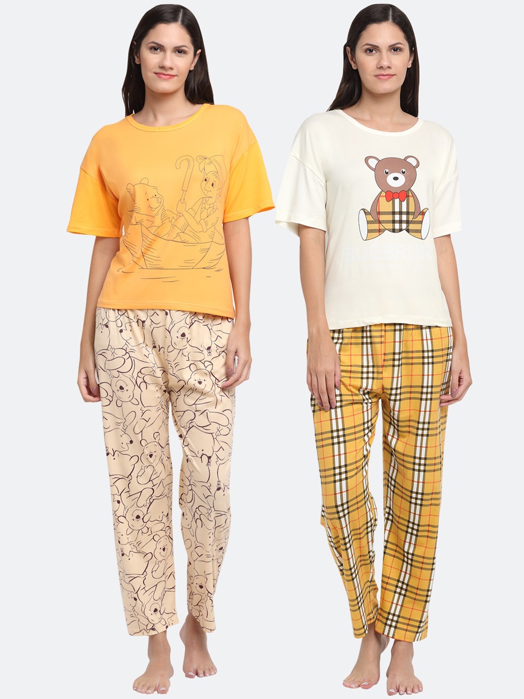 

KLOTTHE Women Yellow & Cream-Coloured Printed Night suit