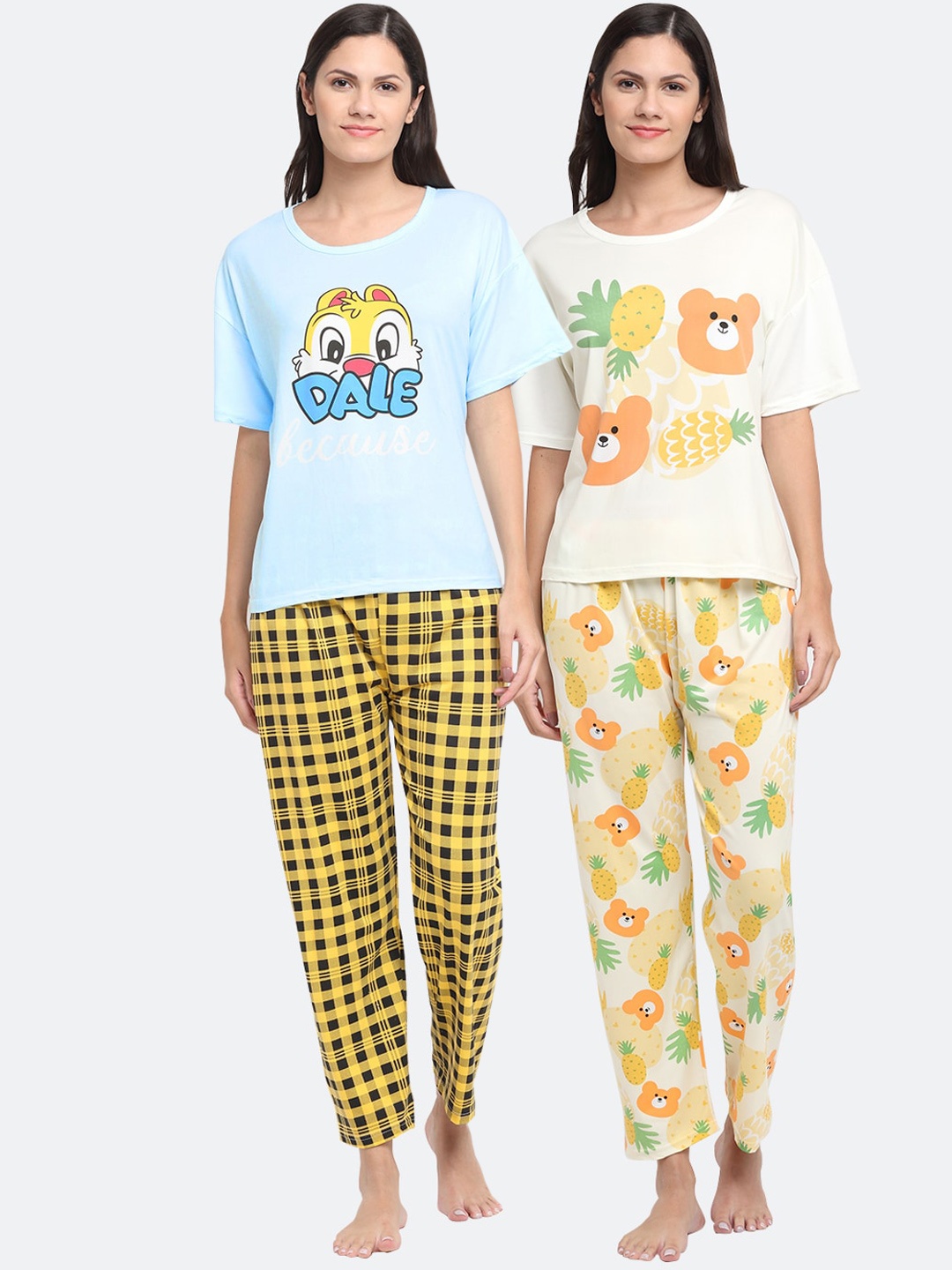 

KLOTTHE Women Set Of 2 Blue & Off White Cartoon Characters Printed Night Suit