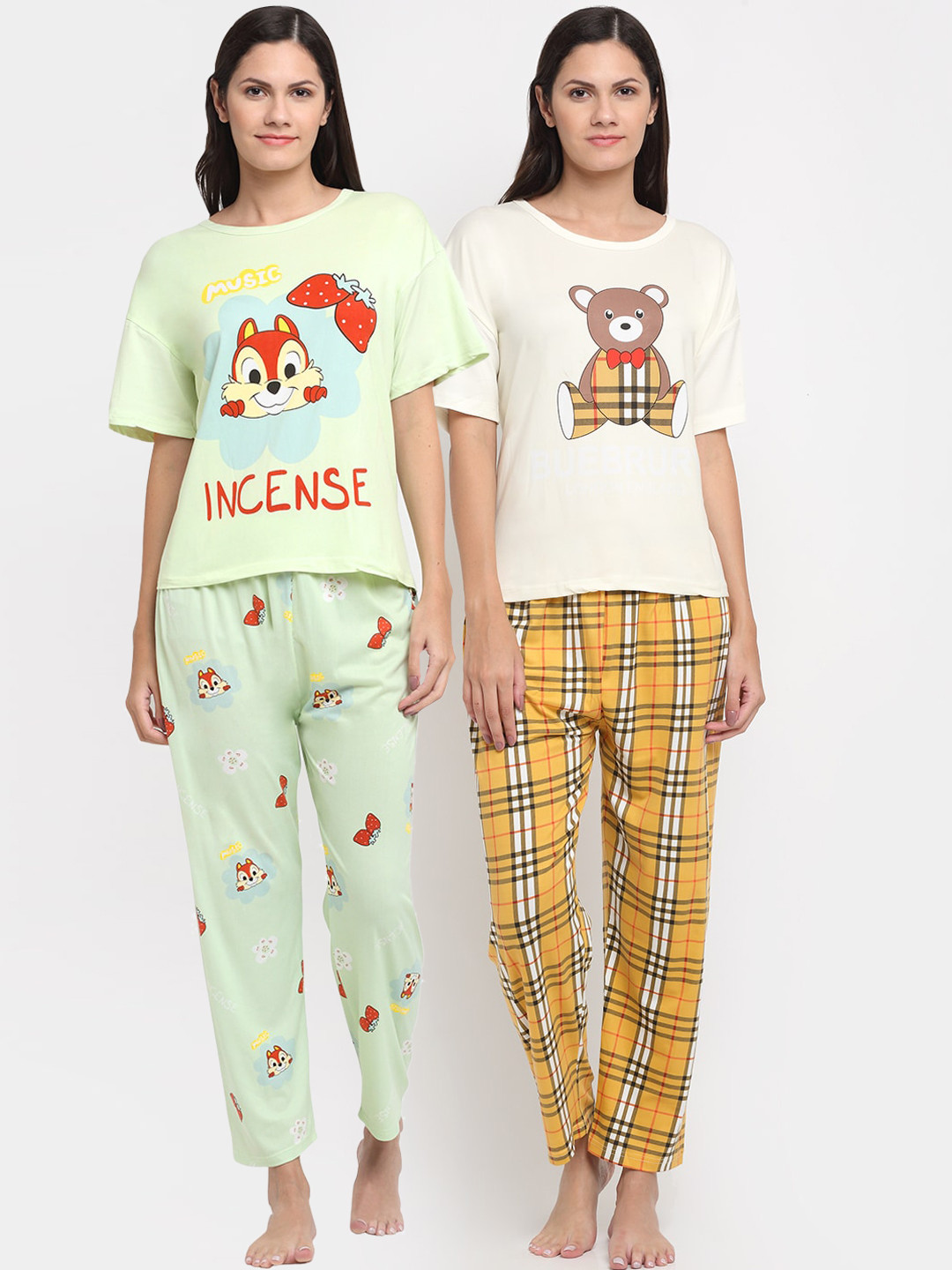 

KLOTTHE Women Yellow & Green Set Of 2 Printed Night Suit