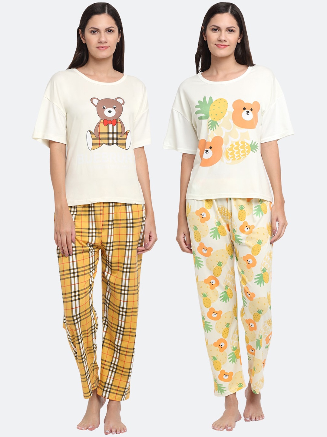 

KLOTTHE Women Multicoloured Pack of 2 Printed Night Suit, Off white