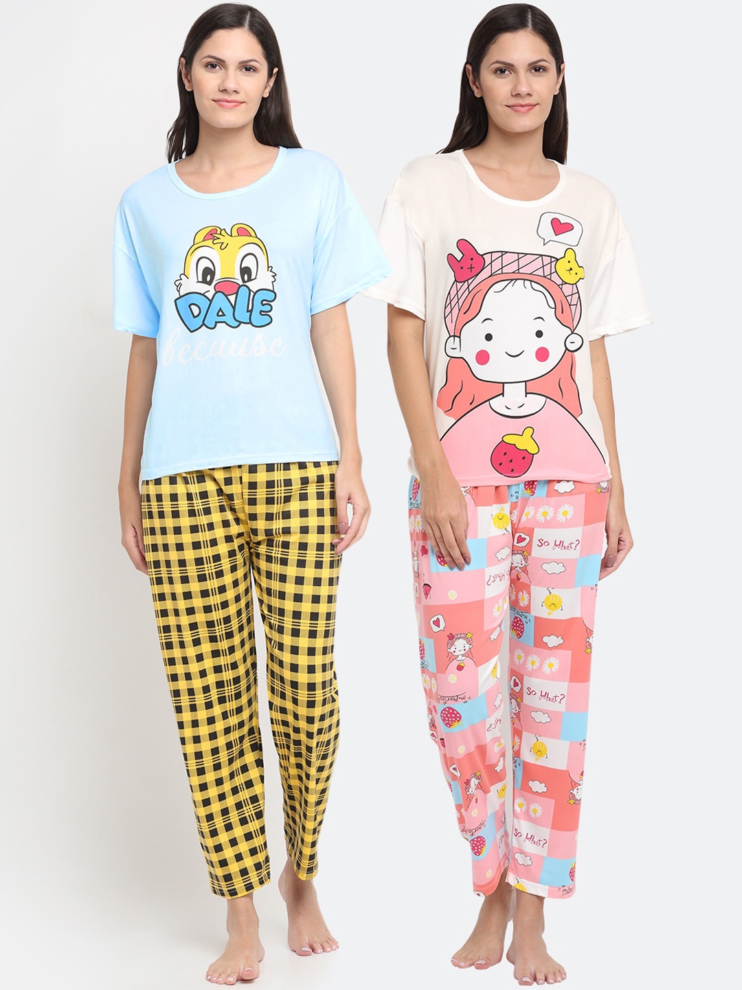 

KLOTTHE Women Blue & Yellow Printed Night suit Pack Of 2