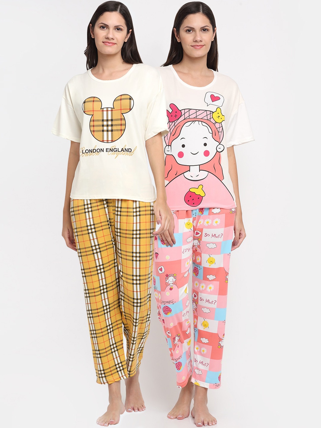 

KLOTTHE Women Pack of 2 White & Yellow Printed Night suits