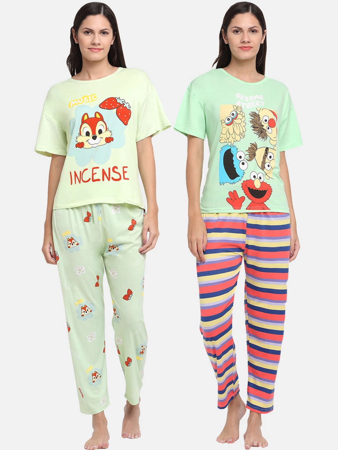 

KLOTTHE Women Pack Of 2 Green & Yellow Printed Nightsuits