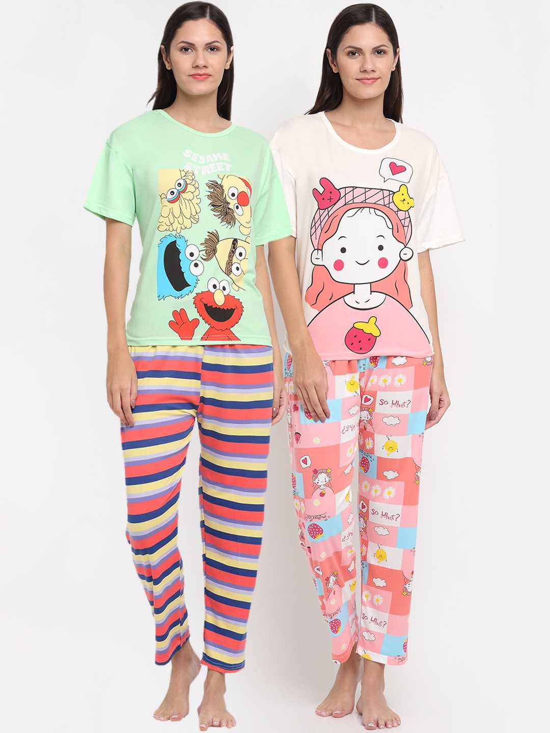 

KLOTTHE Women Green & Pink Printed Night suit Pack Of 2