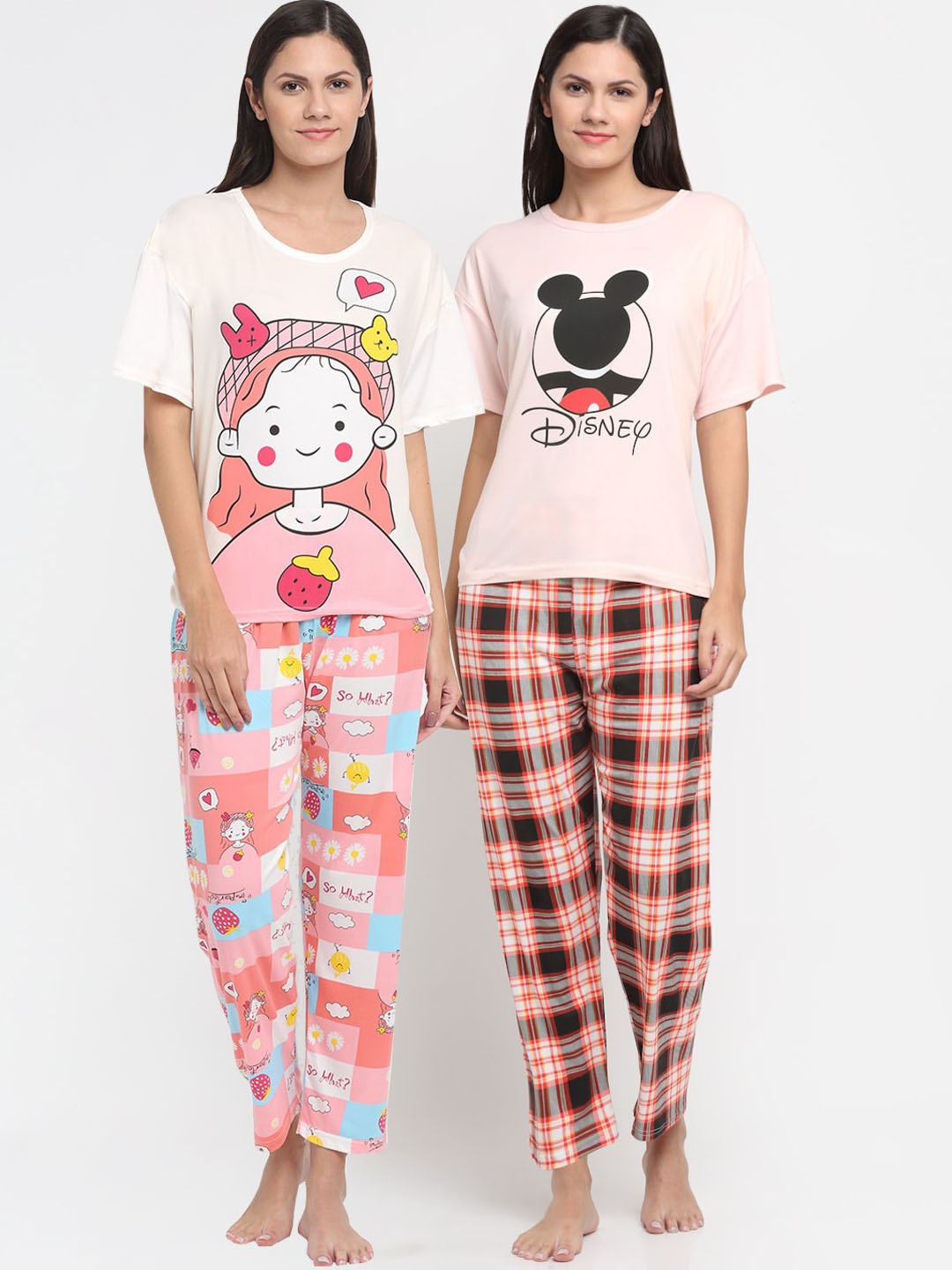 

KLOTTHE Women Set Of 2 Pink & Black Cartoon Characters Printed Night Suit