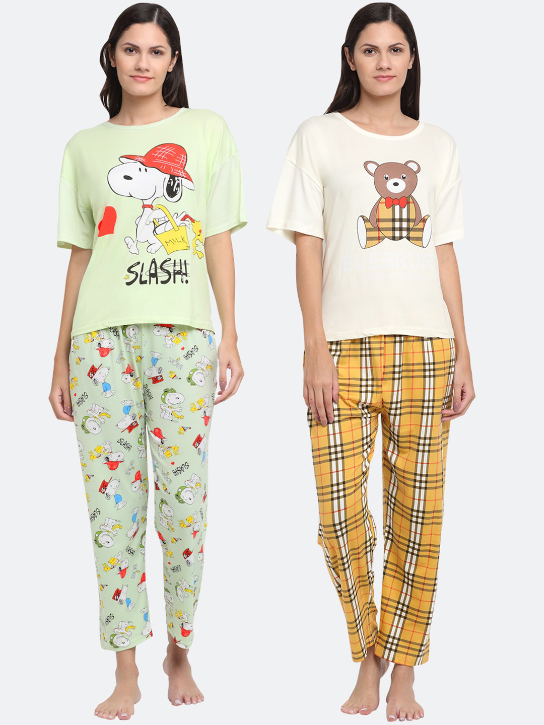 

KLOTTHE Women Green & Yellow Set Of 2 Printed Night suit