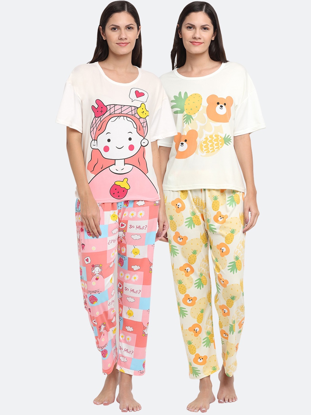 

KLOTTHE Women Set Of 2 White & Pink Cartoon Characters Printed Night Suit