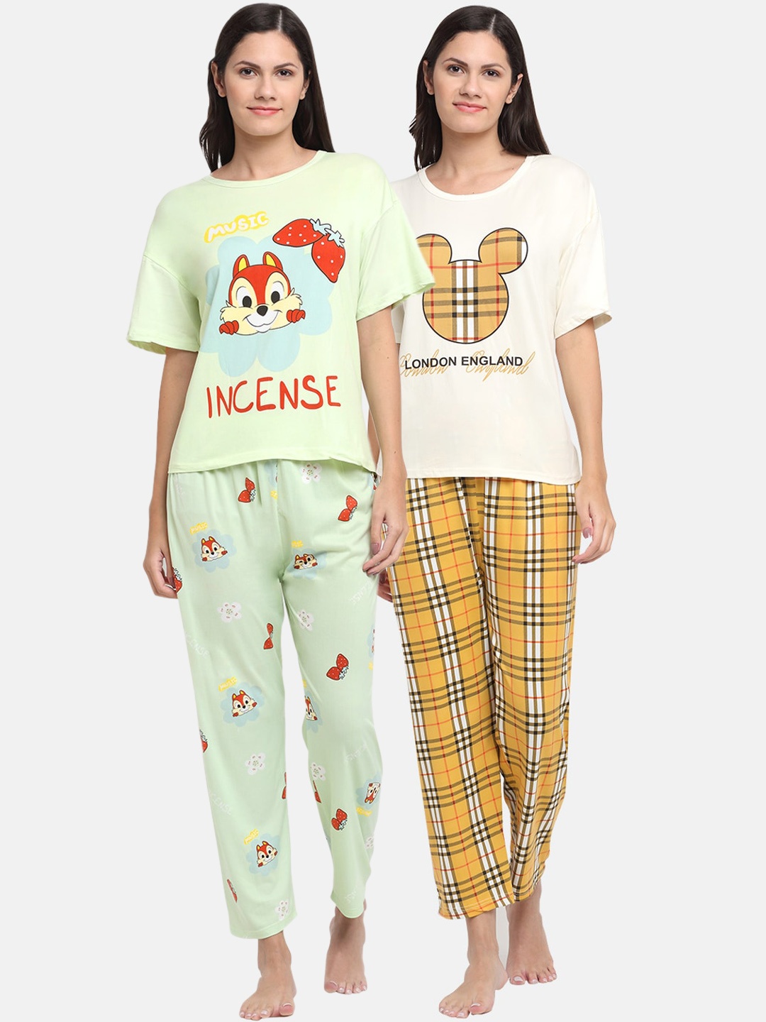 

KLOTTHE Women Set Of 2 Green & Yellow Printed Night suit