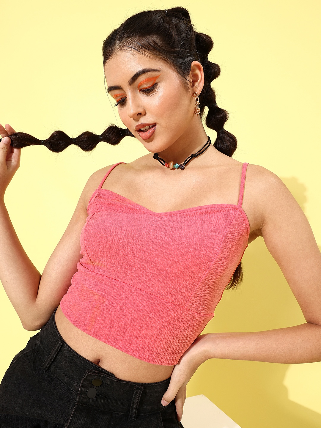 

KASSUALLY Women Pink Solid Sweetheart Neck Crop Top