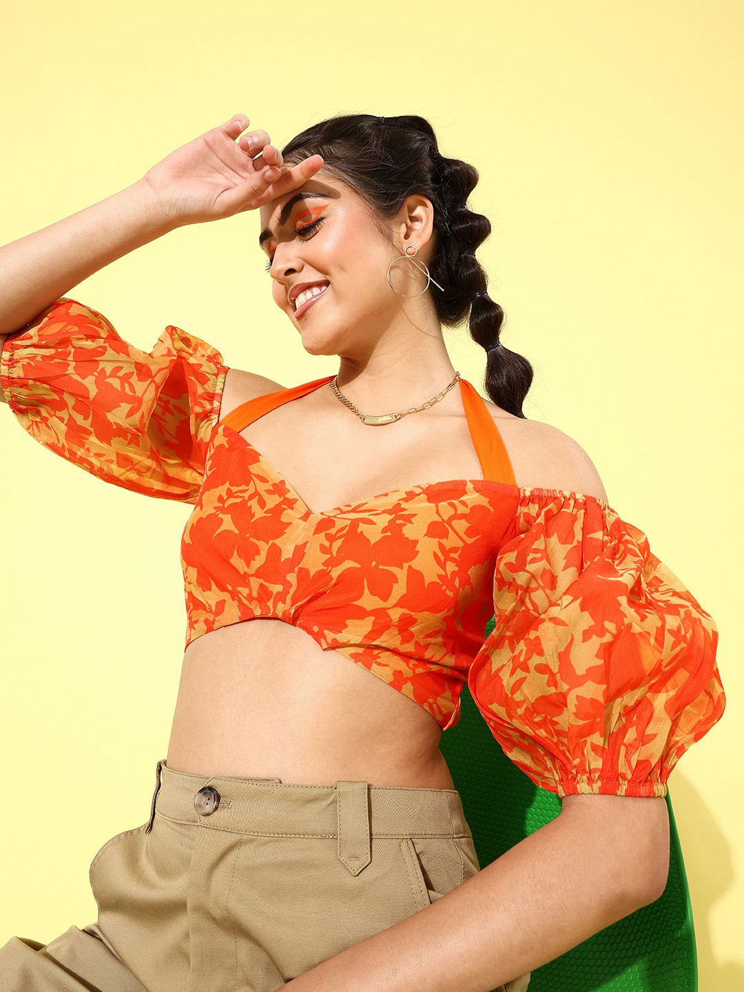 

KASSUALLY Women Orange & Beige Floral Print Halter Neck Bishop Sleeves Smocked Crop Top