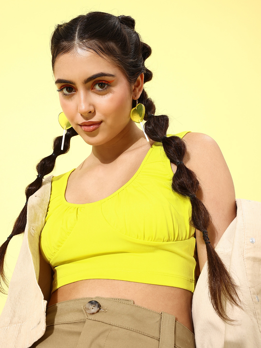 

KASSUALLY Yellow Round Neck Crop Top