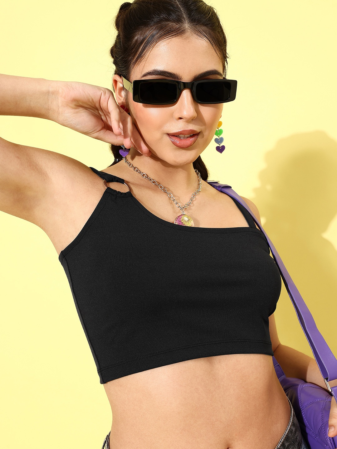 

KASSUALLY Black Shoulder Strap Crop Top