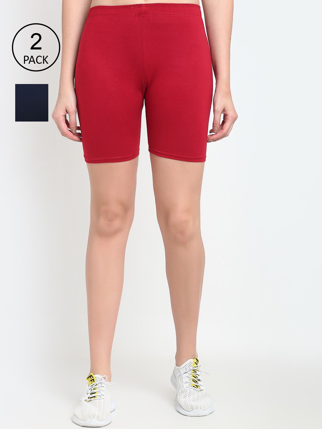 Jinfo Pack of 2 Women Maroon & Navy Blue Cycling Sports Shorts