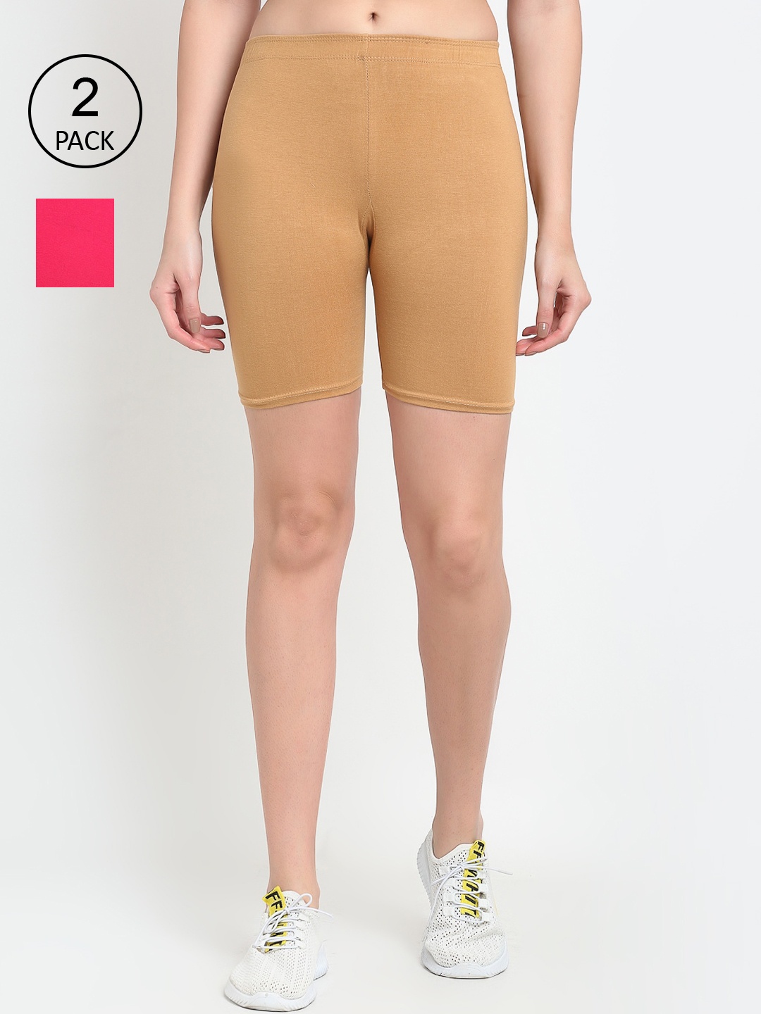 Jinfo Women Pink & Beige Pack of 2 Cycling Sports Shorts