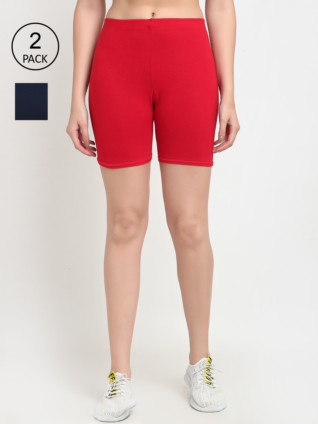 

Jinfo Women Red & Navy Blue Pack of 2 Cycling Sports Shorts