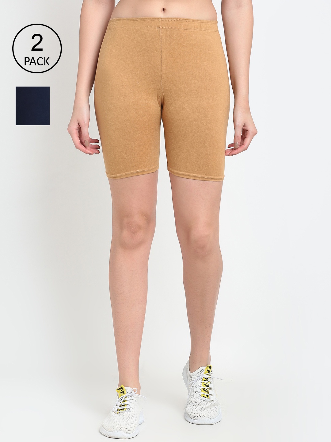 Jinfo Women Pack Of 2 Cycling Sports Shorts, Beige
