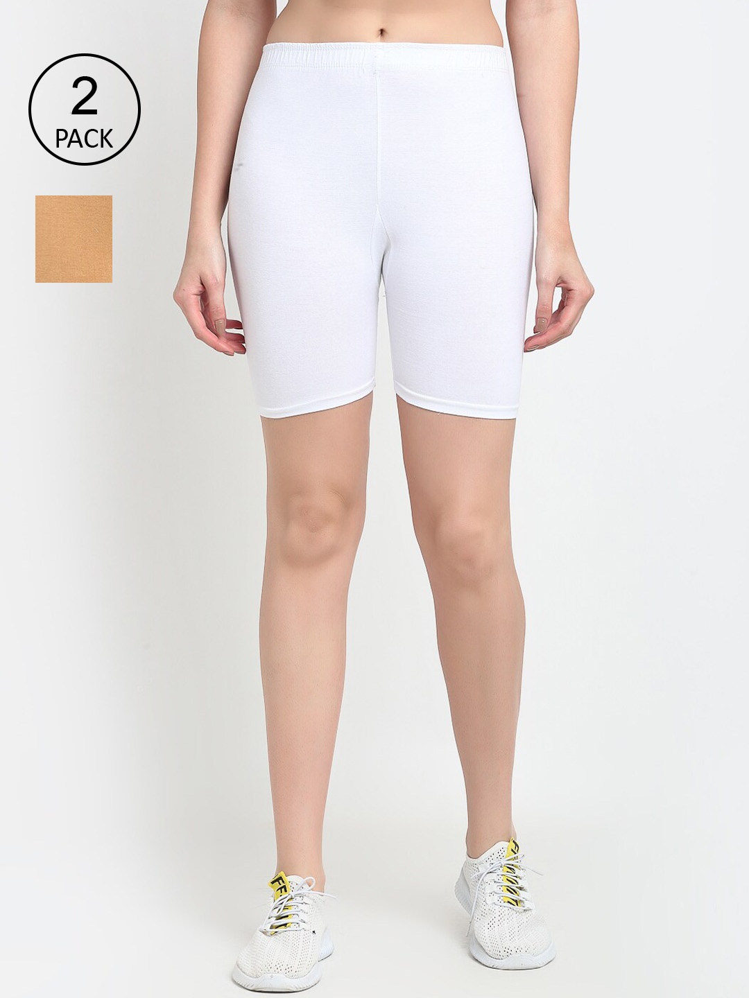 Jinfo Women White & Beige Pack Of 2 Cycling Sports Shorts