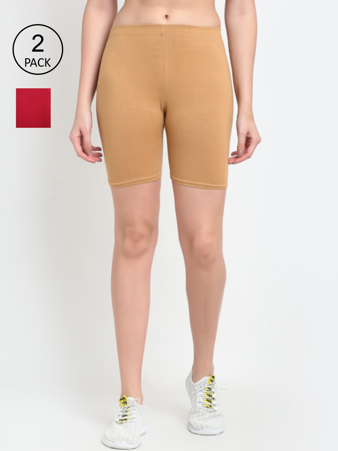 Jinfo Women Pack of 2 Cycling Shorts, Beige