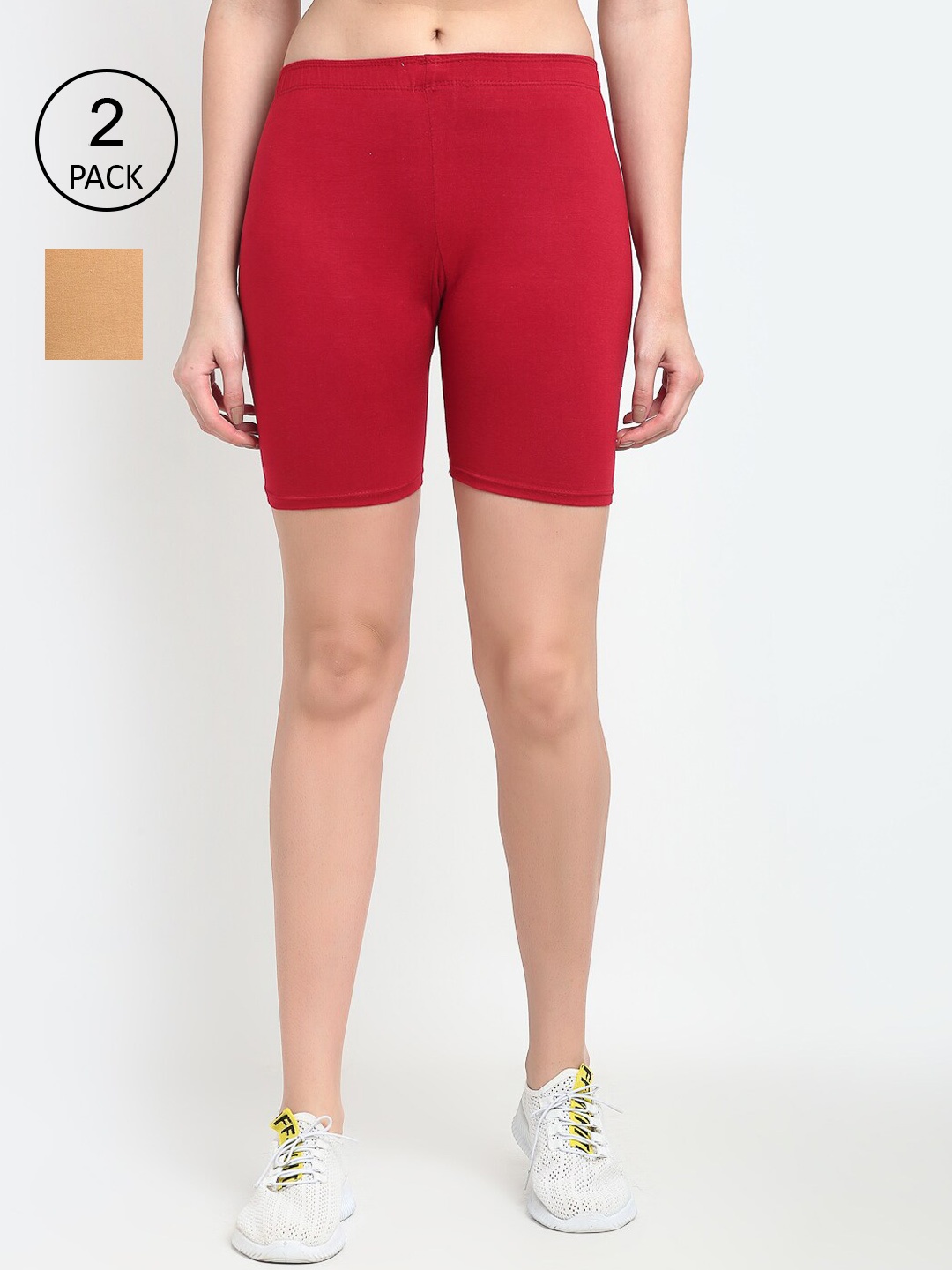 

Jinfo Women Beige & Maroon Pack of 2 Cycling Sports Shorts