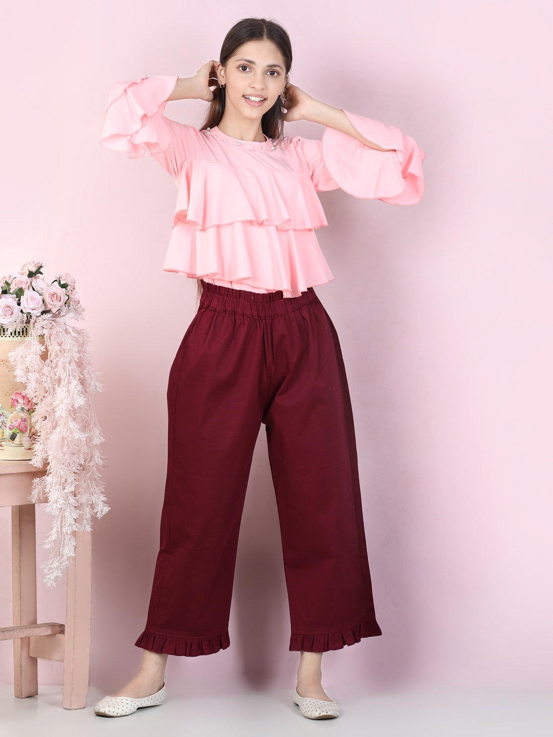 

Cutiekins Girls Peach-Coloured & Purple Top with Palazzos