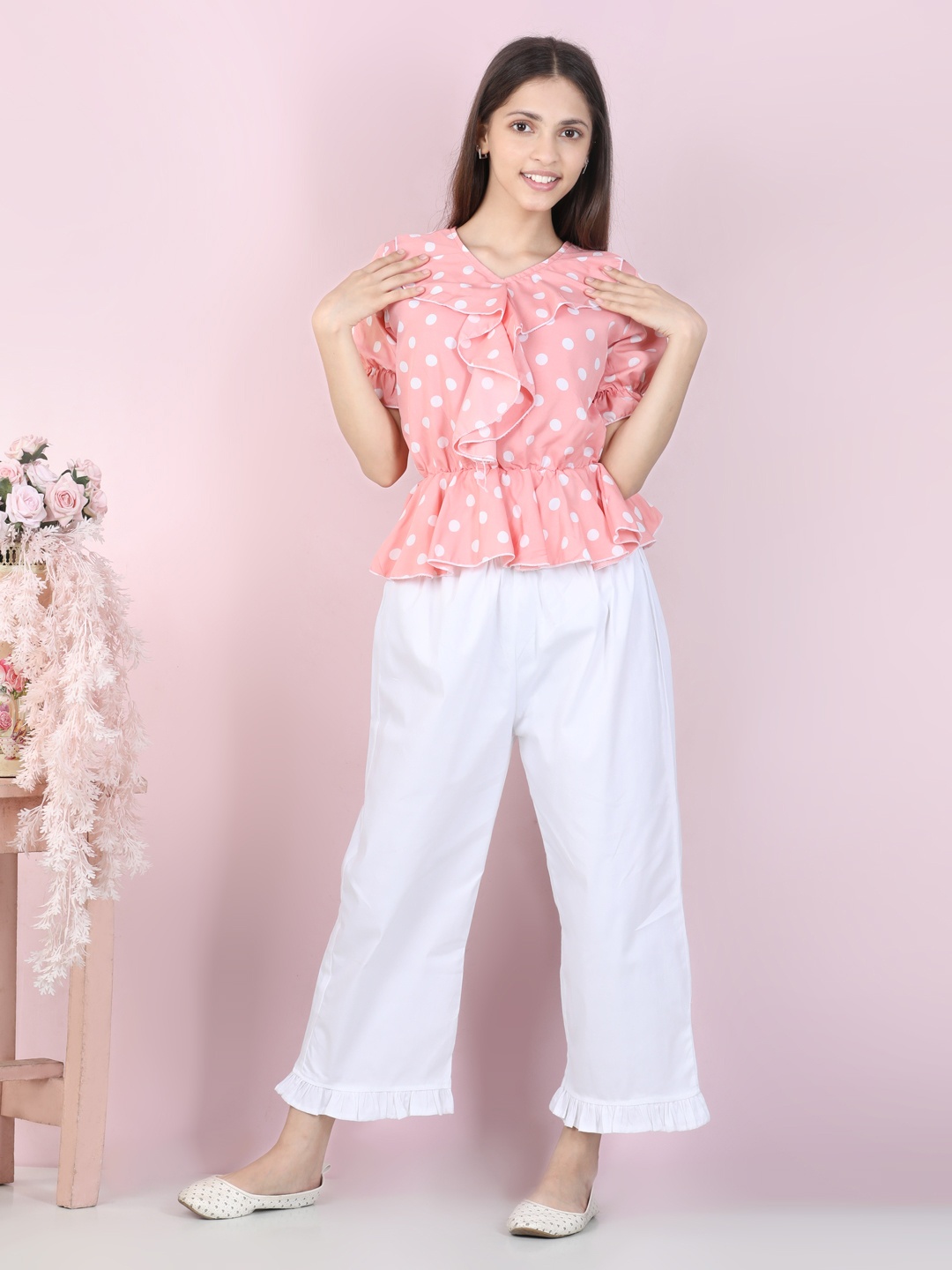 

Cutiekins Girls Peach & White Printed Top with Palazzo Set