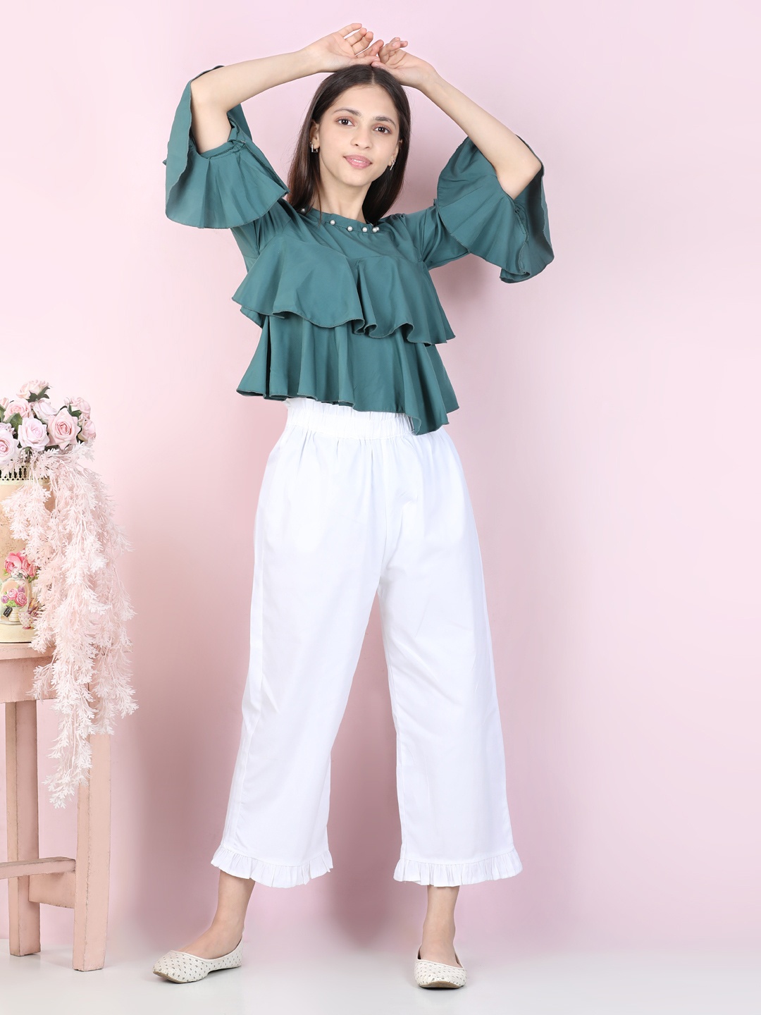 

Cutiekins Girls Blue & White Ruffled Top with Trousers