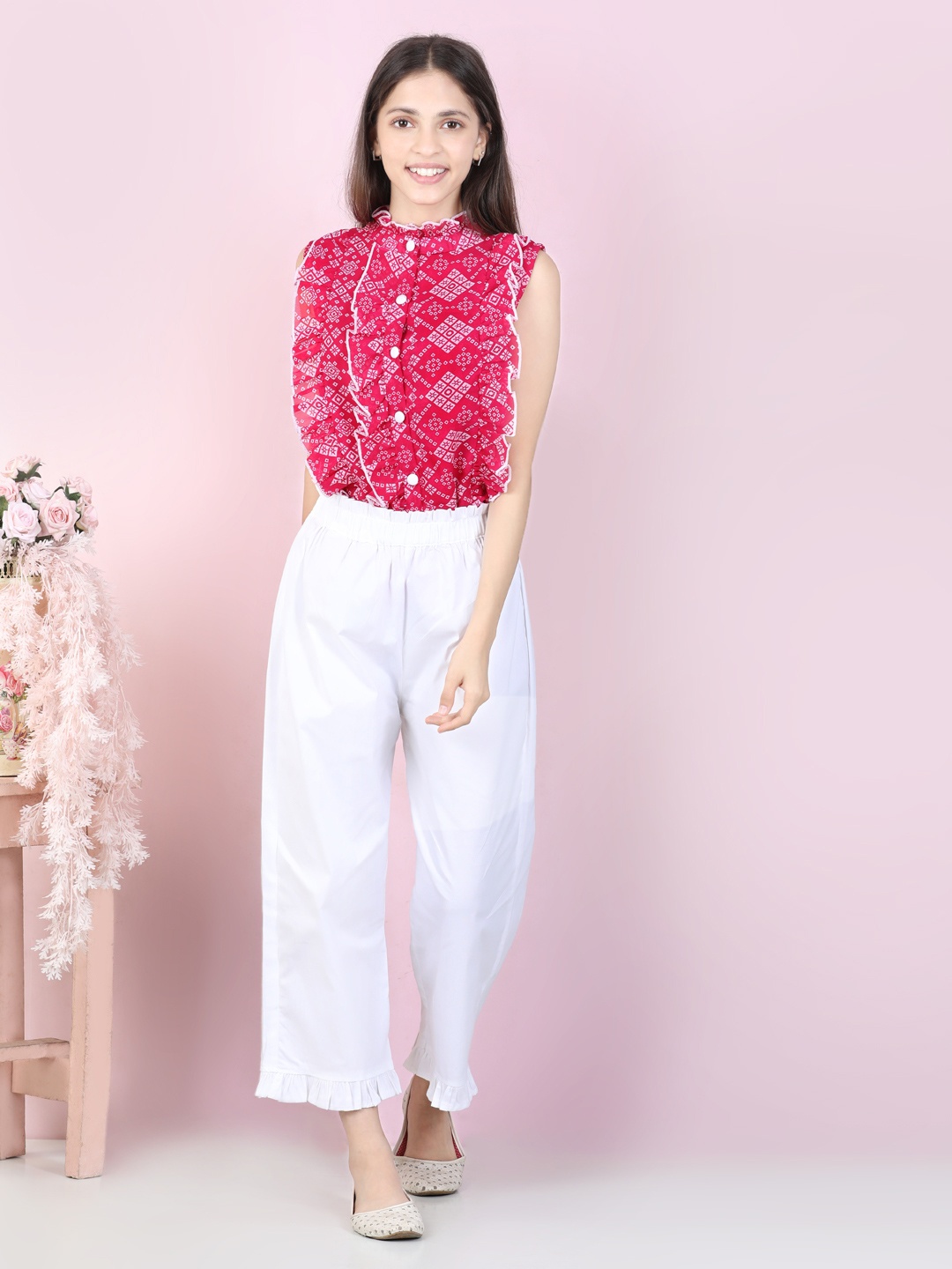 

Cutiekins Girls Pink & White Printed Top with Palazzos