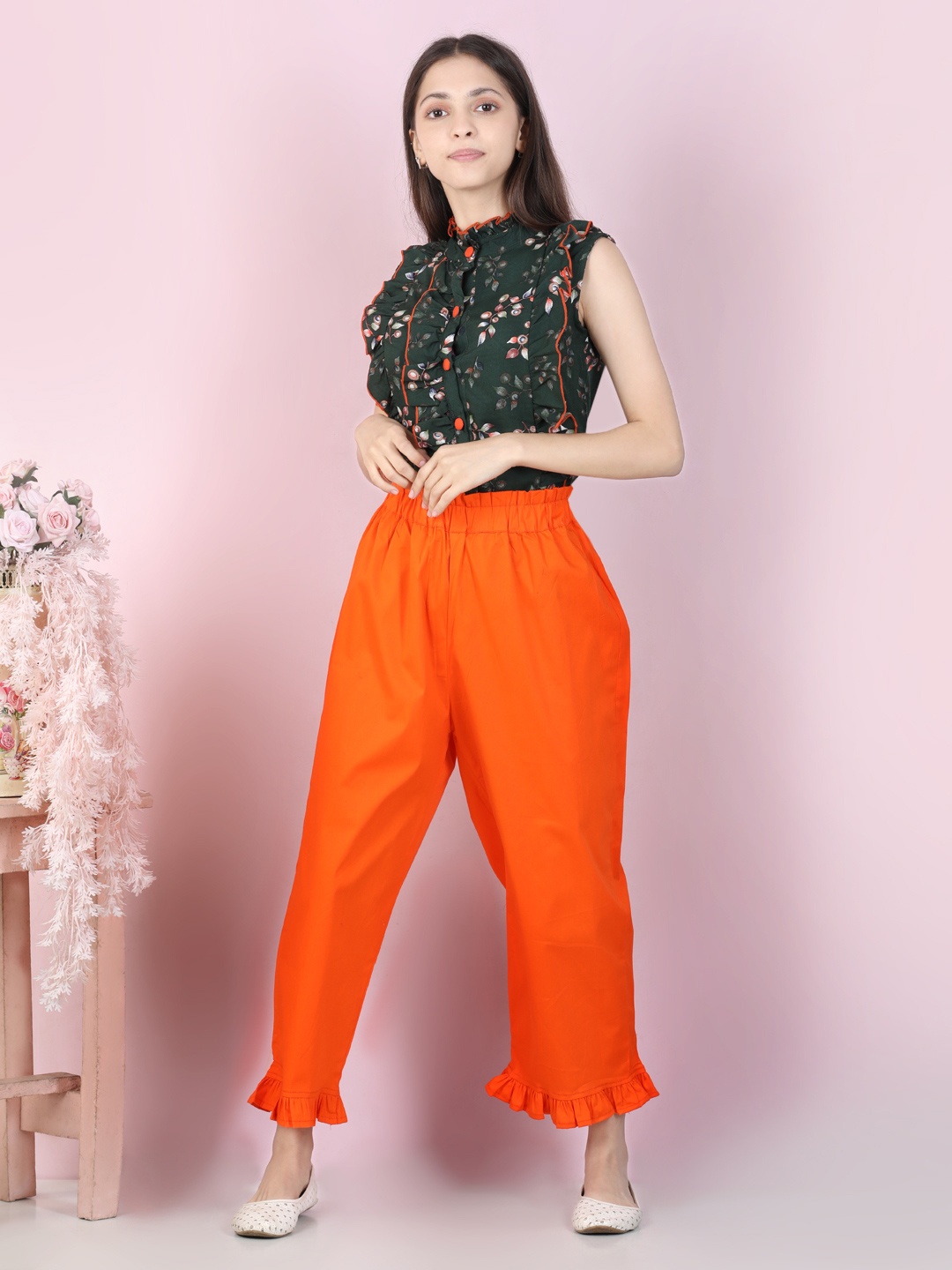 

Cutiekins Girls Green & Orange Printed Top with Capris