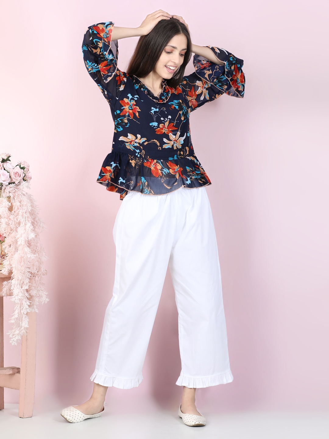 

Cutiekins Girls Navy Blue & White Printed Top with Trousers