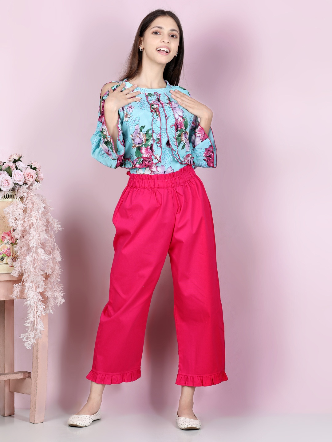 

Cutiekins Girls Turquoise Blue & Fuchsia Floral Printed Ruffled Top with Trousers