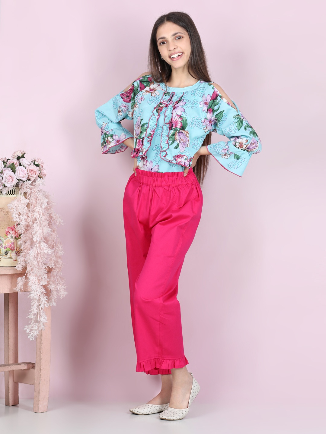 

Cutiekins Girls Blue & Magenta Printed Top with Palazzo Set