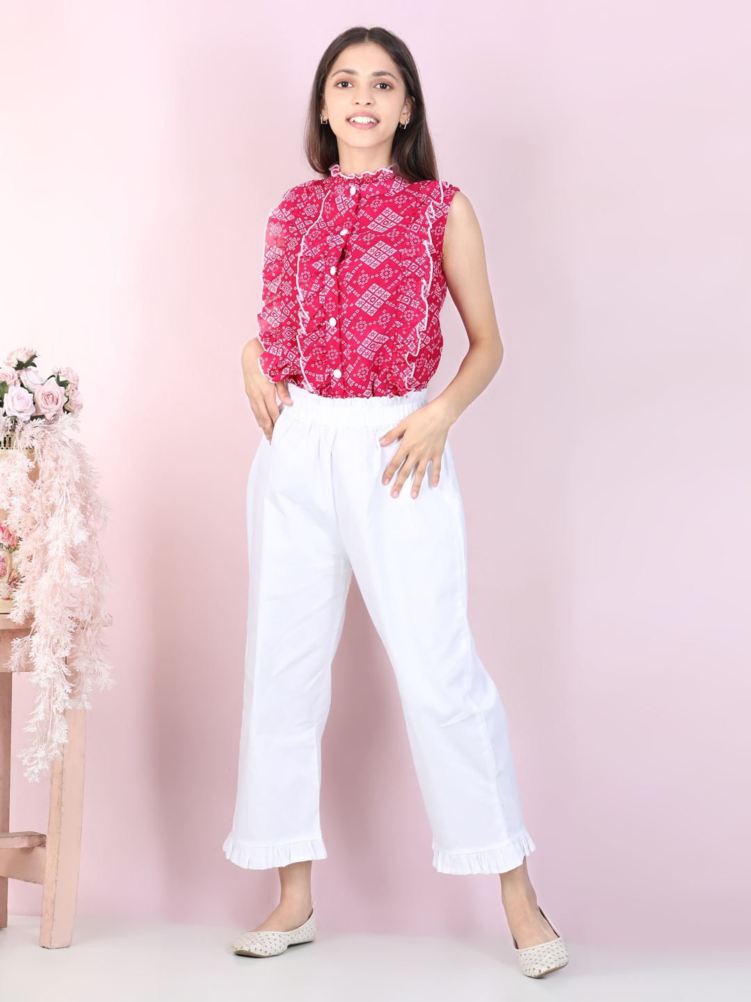 

Cutiekins Girls Pink & White Printed Top with Trousers