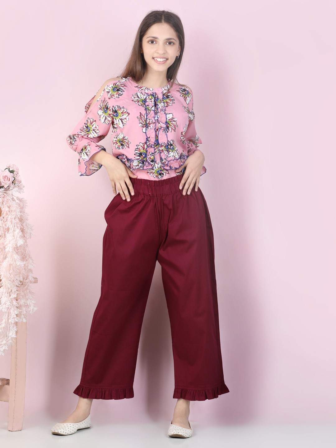 

Cutiekins Girls Pink & Burgundy Floral Printed Ruffled Top with Trousers