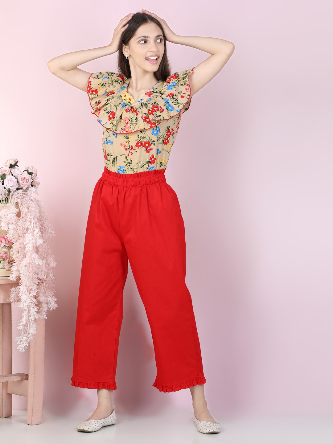 

Cutiekins Girls Beige & Red Printed Ruffled Top with Trousers