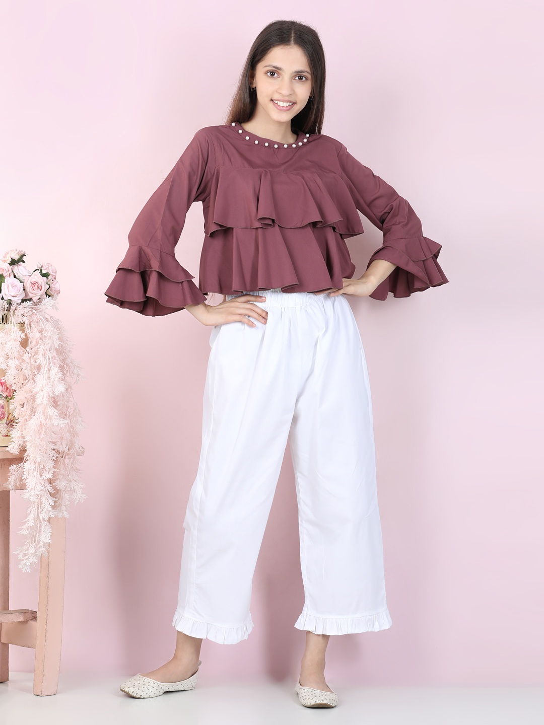 

Cutiekins Girls Brown & White Layered Ruffled Top with Trousers
