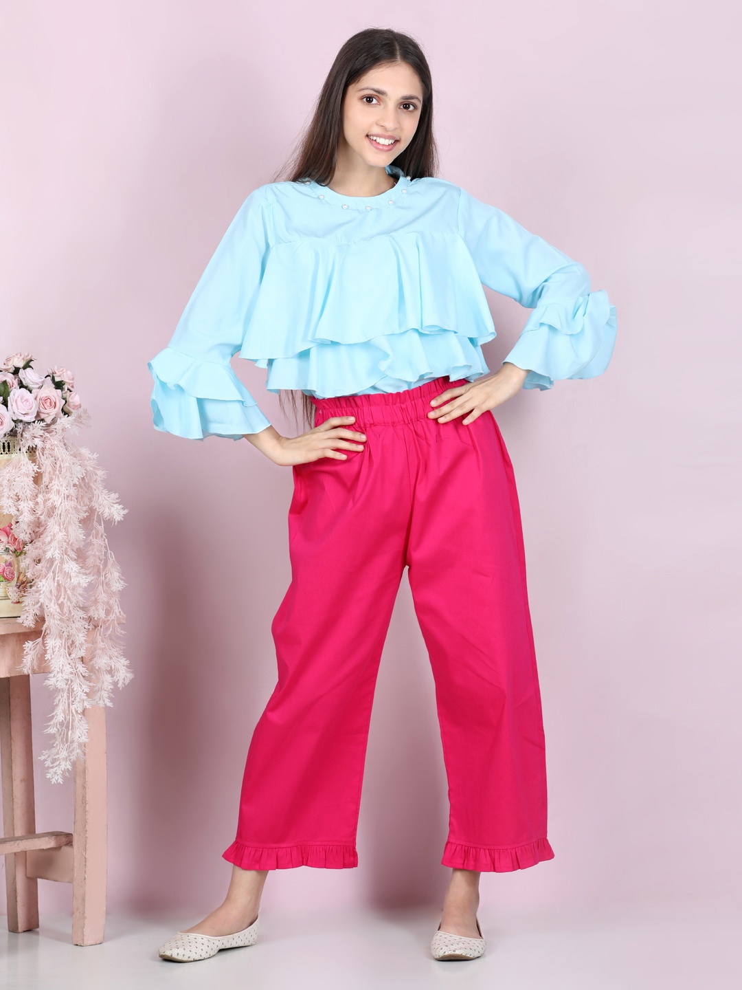 

Cutiekins Girls Turquoise Blue & Pink Top with Palazzos