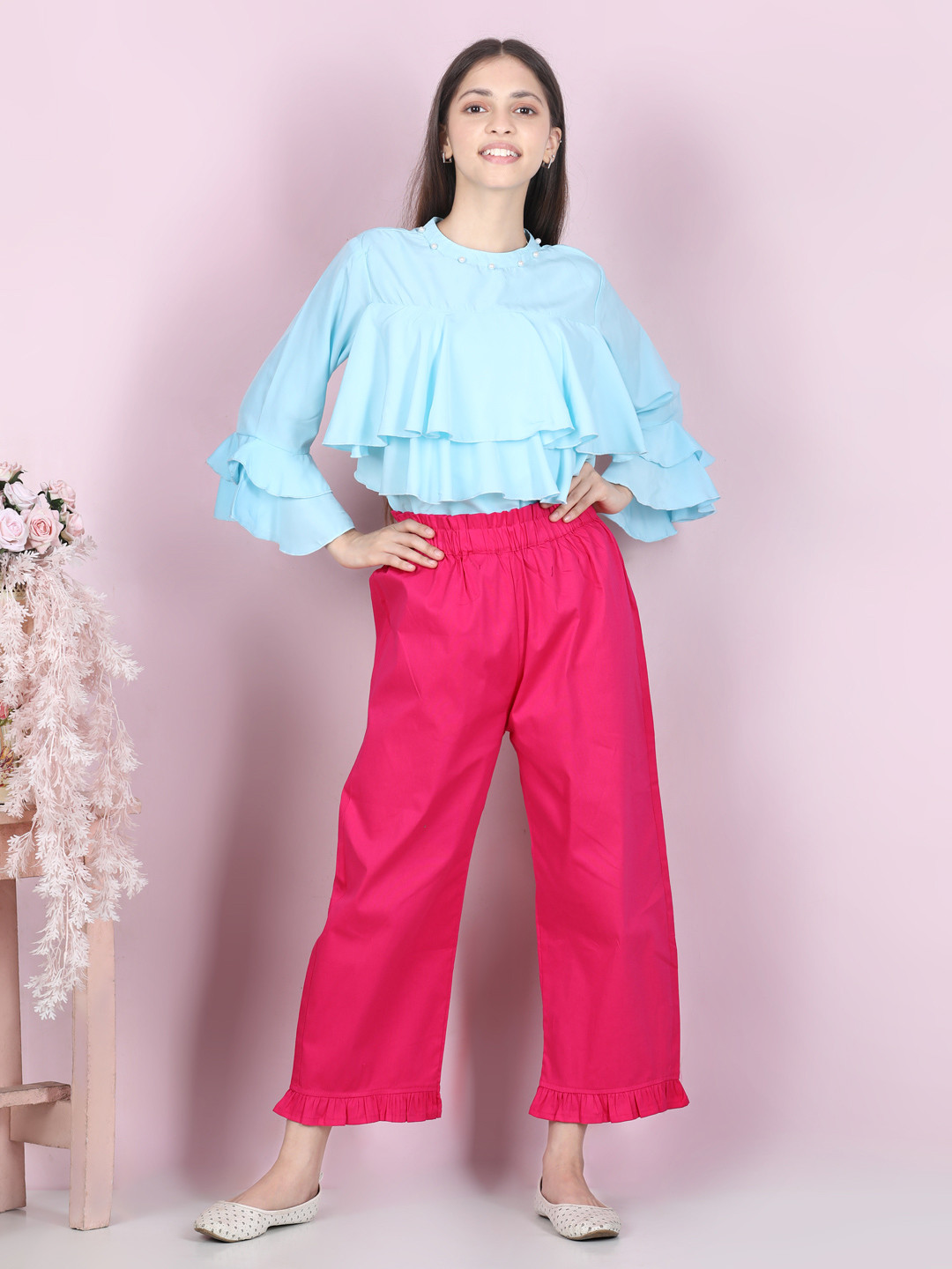 

Cutiekins Girls Turquoise Solid Top & Palazzo Clothing Set, Turquoise blue