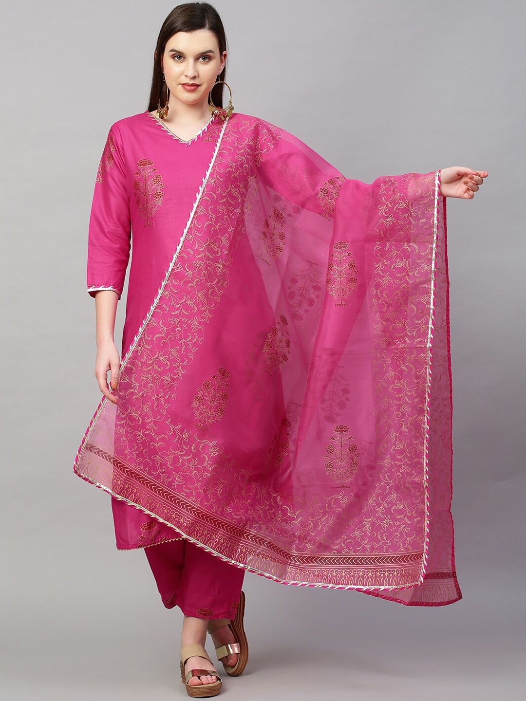 

GoSriKi Women Pink Floral Gotta Patti Kurta with Trousers With Dupatta