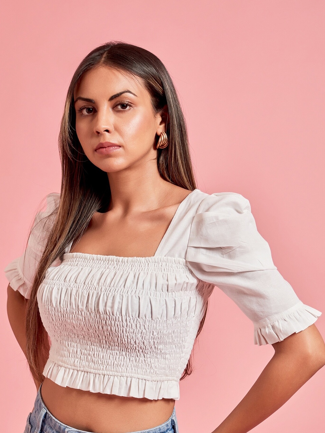 

THE CLOTHING FACTORY Women White Cotton Smocked Puff Sleeve Crop Top