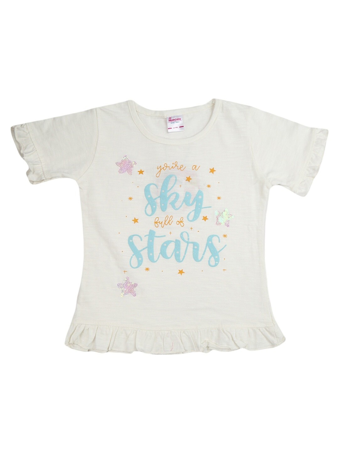 V-Mart Girls White & Blue Typography Printed T-shirt